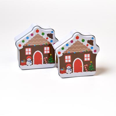 China Cute Special House Shaped Snowman Printing Tin Box For Christmas Candy Box for sale