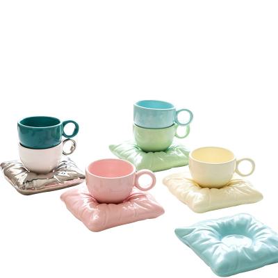 China Sustainable Hot new tea cup with pillow coaster Creative coffee cup ceramic mug drink coffee water tea milk for sale