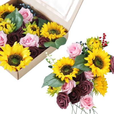 China New Classic / Postmodern Artificial Sunflower Prep Flower Roses And Box DIY Foam Flower Bouquets for sale