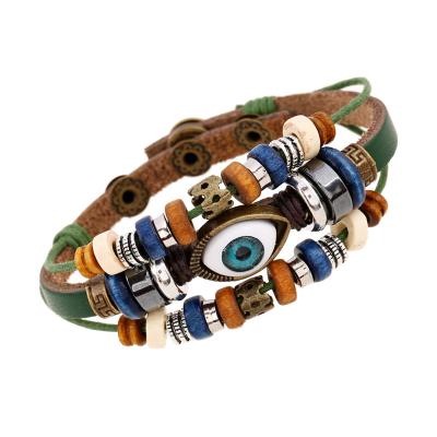 China Charm Korean Punk Multilayer Bead Leather Turkish Eye Braided Adjustable Bracelets Bangles For Men Women Jewelry for sale