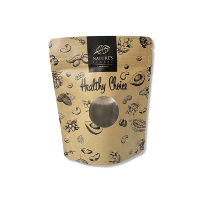 China Recycled Materials Free Samples Stand Up Kraft Paper With Circle Window Bag For Healthy Snack Dried Fruit Food Package for sale