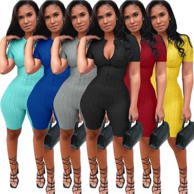 China QUICK DRY Shorts Sleeves Adults Solid Color Deep-V Clothing Sets Zipper Overalls Female Women Jumpsuits for sale