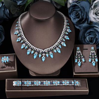 China TRENDY 4 Pieces Turquoise Jewelry Set For Women Trendy Bohemian Wedding Bridal Jewelry Necklace Set Earrings Bracelet Ring for sale