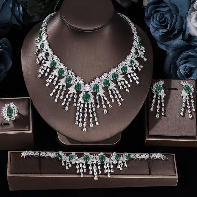 China TRENDY Tassels Necklace Bracelet Set For Women Women Luxury Green Zircon Bridal Jewelry Full Set Of Wedding Accessories for sale