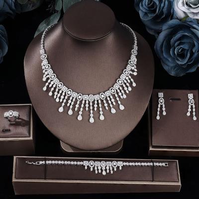 China TRENDY Elegant Tassels Necklace Sets For Women Micro Pave Zircon 4 Pieces Wedding Jewelry Set For Bride Bridesmaid Party Accessories for sale