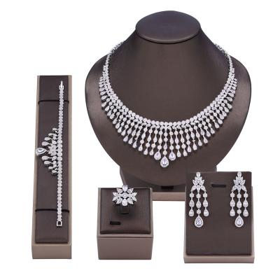 China FASHIONABLE luxury UAE zircon necklace bracelet earrings and full ring 4pcs Dubai jewelry set for women for sale