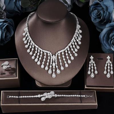 China Trendy Fashionable Four Pieces Zirconia Jewelry Sets Dubai Wedding Jewelry Tassels Necklace Set Luxury Bridal Party Accessories for sale