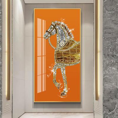 China Large Horse Crystal Porcelain Painting Wall Art Diamond Framed Modern Porch Decor Living Room Painting for sale