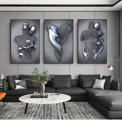 China Modern Nordic Poster Print Wall Picture Art Canvas Painting Lover Couples Metal Figure Statue Wall Sculpture For Living Room Home Decor for sale