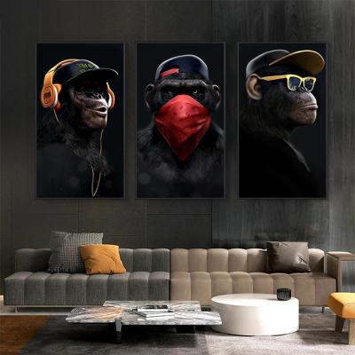 China Funny Wall Paintings Gorilla Art Picture Prints Canvas Modern Animal Oil Painting Headphone Art For Home Decor for sale