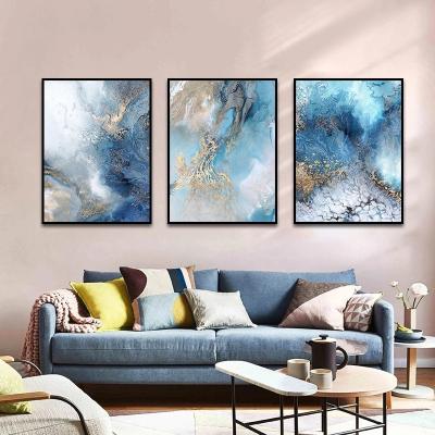 China Abstract Painting Art Posters Framed Wall Art Modern Canvas Gold Blue River Wholesale Modern Artwork Prints Landscape Paintings for sale