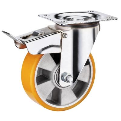 China swivel & SS Rigid Aluminum PU Caster Wheels Industrial Trolley Wheels Yellow With Brake European Style for sale