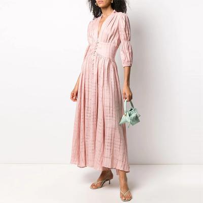 China New Arrivals Anti-Static Rose V-Neckline Women's New Arrivals Lady Elegant Casual Long Dresses for sale