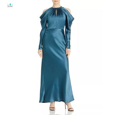 China Anti-static Luxury High Quality Long Sleeves Ruffles Satin Fashion Puff Maxi Long Dress For Women Solid Color for sale