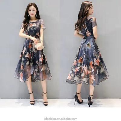 China Fashion Anti-Static Women Summer Floral Chiffon Off Shoulder Dress With Short Sleeve for sale