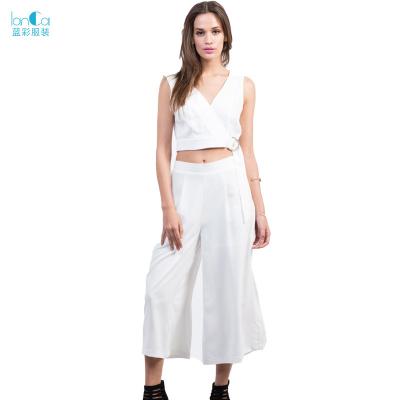 China Solid Color Anti-Static Wholesale Crop Summer Top Wide Leg Pants Ladies Outfits Stylish Clothing Custom Made Two Piece Pants Sets Women for sale