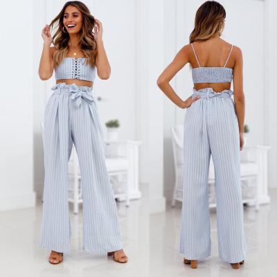 China QUICK DRY Women Crop Tops and Pants Casual Elastic Waist Pockets Wide Leg Canvas Upper Striped Two Piece Pants Set for sale