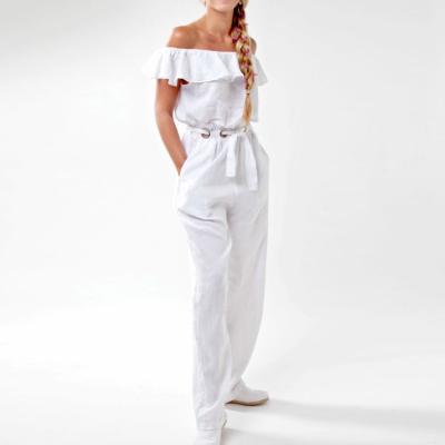 China Anti-pilling plain 100% canvas off the shoulder with metal detail in white women ruffled neckline jumpsuit for sale