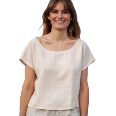 China Anti-Wrinkle Boat Neck Fashionable Women Solid Canvas Tops And Blouses for sale