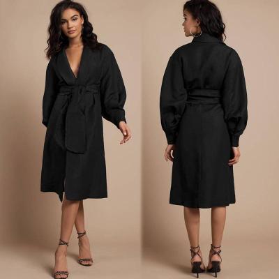 China Fashion Anti-Shrink Black Canvas Long Sleeve Puff Clothing Trench Coat Women for sale