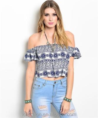 China OEM Anti-Pilling Service New Off Shoulder African Printed Women Crop Tops for sale