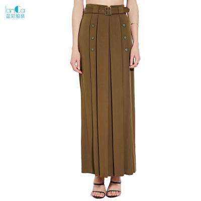 China New Fashion Wholesale 2022 Summer Women's Anti-Static Solid Custom Made Maxi Belted Buttons High Waist Long Skirt for sale