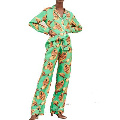 China 2021 Breathable Satin Long Spring Printed Loungwear Women Sets for sale