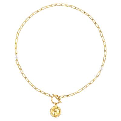 China CLASSIC Medallion 18K Gold Coin Necklace Paperclip Chain Choker Pendant Jewelry With OT Buckle For Woman Girls for sale