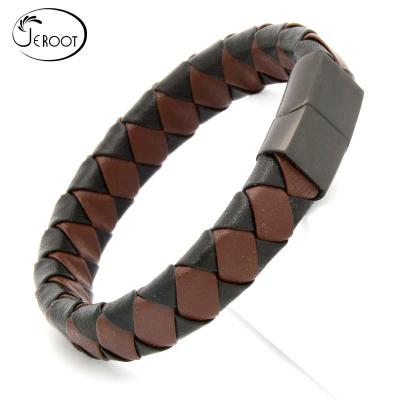 China Other Wholesales 2022 Woven Bracelet Brown Color Wrap Genuine Leather Bracelet With Magnetic Clasp For Men for sale