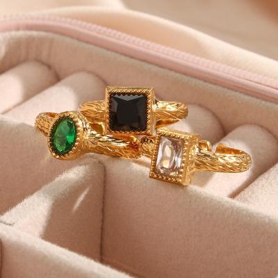 China Fashionable Vintage YOHAPP 18K Gold Filled Emerald Gemstone Oval Finger Ring Adjustable Bling Iced Out Geometric Zircon CZ Vintage for sale