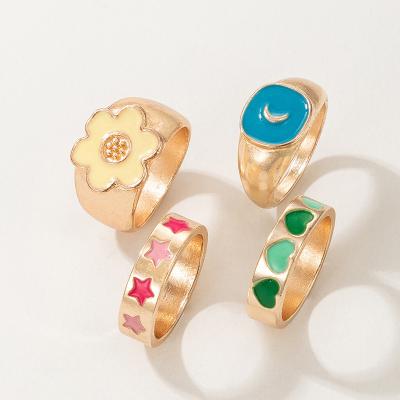 China YOHAPP Environmental Friendly Gold Plated Minimalist Multi Color Drop Oil Heart Star Moon Rings Ring Chunky Vintage 4Pcs/Set Cartoon Cuff for sale