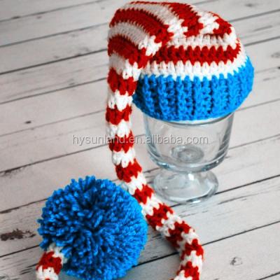 China COMMON W-558 Customized Lovely Cute Handmade Crochet Elf Christmas Hat With Knit Long Tail for sale