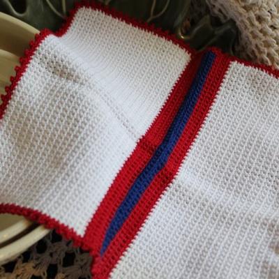 China F-9619 Viable White Red With Blue Stripe Crochet Microfiber Dish Cloth Knit Cotton Bulk Wash Tissues Daily Kitchen Dish Towel For Decor for sale