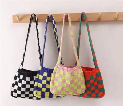 China S8282 Retro Checker Eco-Friendly Crochet Tote Bags Reusable Eco Woven Hand Shopping Bag Up To Date Women Knit Cross - Body Bag for sale