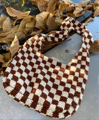 China Hot Sale S8279 Eco-friendly Valentines Day Gift Brown Plaid Patterns Crochet American Shoulder Bags For Women for sale