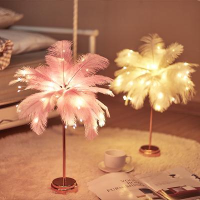 China Modern LED Feather Table Lamp Bedroom Bedside Small Night Light Atmosphere Decorative Small Colored Lights for sale