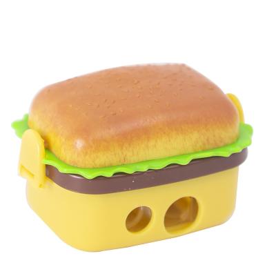 China Cute Plastic Student Fancy Pencil Sharpener Hamburger Shape Creative Double Hole Pencil Sharpener Plastic Electric Machine Rubber Set for sale