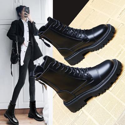 China New Fashion Ladies PU Waterproof Quilting Black Mid Length British Boots Midi Martin Style Half Boots For Women for sale