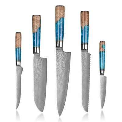 China Viable Wholesale Handmade Resin Blue Wood Handle 5 PCS Professional Kitchen Damascus Knife Set for sale