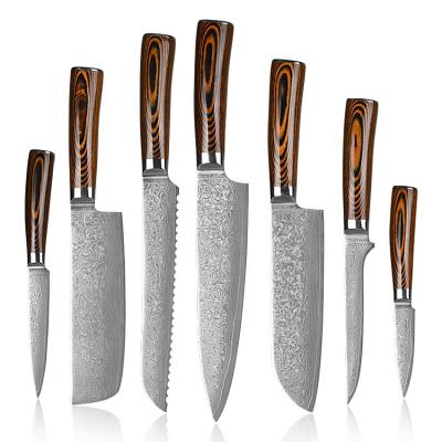 China Viable Home Use Damast Messer 67 Layers Damascus AUS Kitchen Steel Knife Set With Pakka Wood Handle for sale