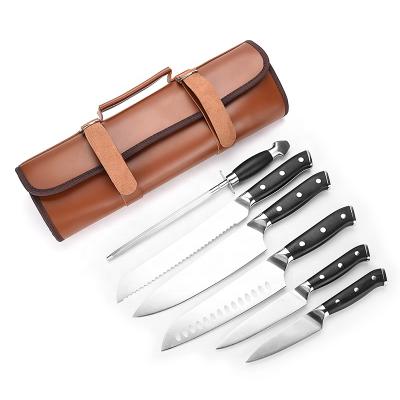 China Durable Knife Holder PU Leather Bags For Kitchen Knife 6 Slots Portable Knife Holder for sale