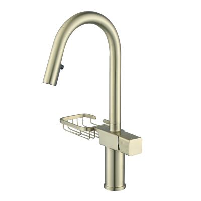 China Sense Faucets Factory Hot Sale Brushed Gold Pull Out Kitchen Sink Faucet With Soap Disc Holder for sale