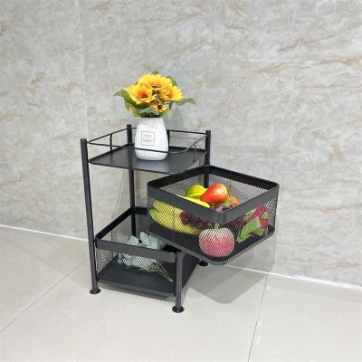 China Stocked 2 Tier Rotating Black Metal Storage Fruit Basket Household Storage Rack for sale