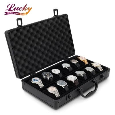 China Custom Aluminum Watch Case Dustproof Waterproof Shockproof Box For 12 Watches Black Finish Aluminum Hard Case Carrying Cover High Quality for sale