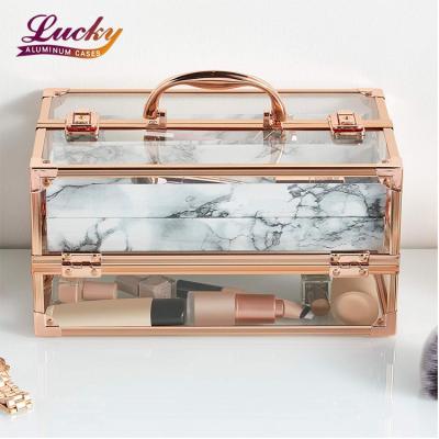 China Large Capacity Large Makeup Beauty Storage Acrylic Lockable Vanity Case With Rose Gold Frame for sale