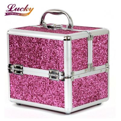 China High Capacity High Fashion Beauty Cosmetic Case Girl Glitter Makeup Training Box Teen Pink Aluminum for sale