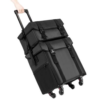 China Large Capacity Rolling Makeup Case 2-in-1 Makeup Case Nylon Soft With Wheels Travel Trolley Professional Rolling Case for sale