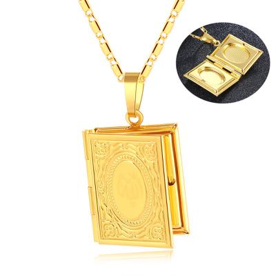 China Religious Religious Pendant Square Gold Plated Open Allah Pendant Islam Muslim Photo Frame Necklace for sale