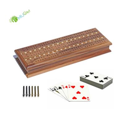 China YumuQ Wooden Stained Oak Wooden Travel Cribbage Board Game Set, 3 Way Cribbage Board with Metal Cribbage Pegs for sale