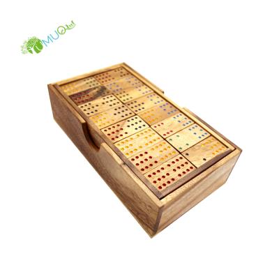 China YumuQ Double Nine 96 PCS Natural Wooden Overturning Dominoes Games Set With Wooden Box For Kids YQ121402 for sale